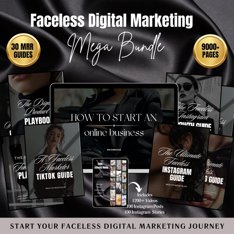 May include: A digital marketing bundle with a black background and gold accents. The bundle includes 30 MRR guides, 9000+ pages, 1200+ videos, 100 Instagram posts, and 100 Instagram stories. The text "Faceless Digital Marketing Mega Bundle" is displayed in a large font at the top of the image.