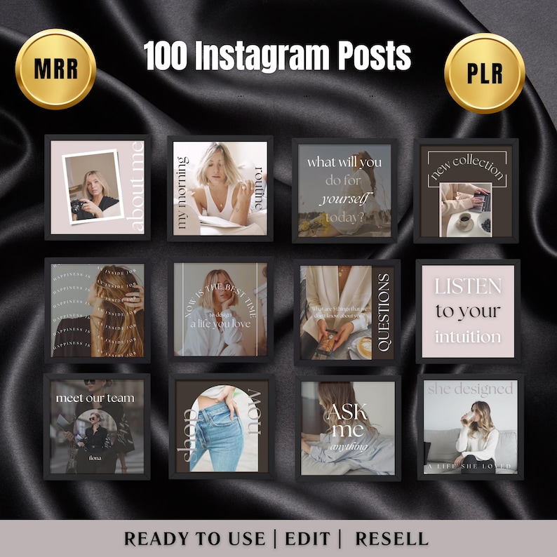 May include: A collection of 12 Instagram post templates with black frames and various text overlays. The templates feature images of women, text, and lifestyle imagery. The text includes phrases like "what will you do for yourself today?" and "listen to your intuition".