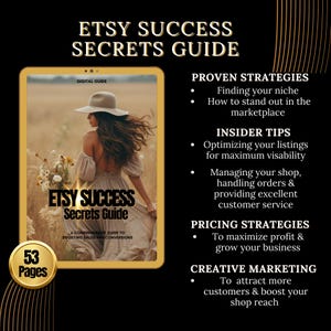 Może przedstawiać: Cyfrowy przewodnik zatytułowany "Etsy Success Secrets Guide" z kobietą w sukience i kapeluszu na okładce. Przewodnik zawiera sprawdzone strategie, wskaz&oacute;wki ekspert&oacute;w, strategie cenowe i porady dotyczące marketingu kreatywnego. Przewodnik ma 53 strony.