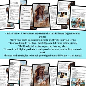 May include: A collection of tablets displaying the cover and contents of a digital nomad guide. The cover features a woman in a hat holding a phone, with the title "Ultimate Guide DIGITAL NOMAD". Text on the tablets includes "Leveraging Your Digital Products Expertise".