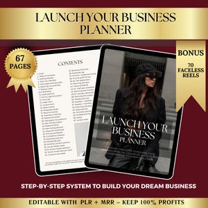 Könnte beinhalten: Ein digitaler Businessplaner mit dem Text "LAUNCH YOUR BUSINESS PLANNER" auf dem Cover. Der Planer enthält ein Inhaltsverzeichnis, Formulare und Tracker. Das Bild enthält auch einen Bonus von 70 gesichtslosen Reels und den Text "STEP-BY-STEP SYSTEM TO BUILD YOUR DREAM BUSINESS".