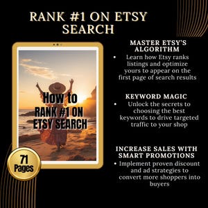 Może przedstawiać: Cyfrowy przewodnik zatytułowany "Jak uzyskać pozycję nr 1 w wyszukiwaniu Etsy" wyświetlany na tablecie. Obraz przedstawia osobę na plaży o zachodzie słońca. Przewodnik obiecuje nauczyć, jak opanować algorytm Etsy, magię sł&oacute;w kluczowych i inteligentne promocje. Przewodnik ma 71 stron.