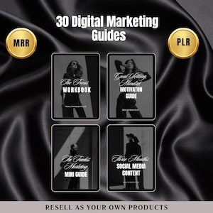 May include: A collage of four digital marketing guides featuring black and white images of people. The titles of the guides are "The Focus Workbook", "Goal Setting Mindset Motivation Guide", "The Flawless Marketing Mini Guide", and "Three Months Social Media Content".
