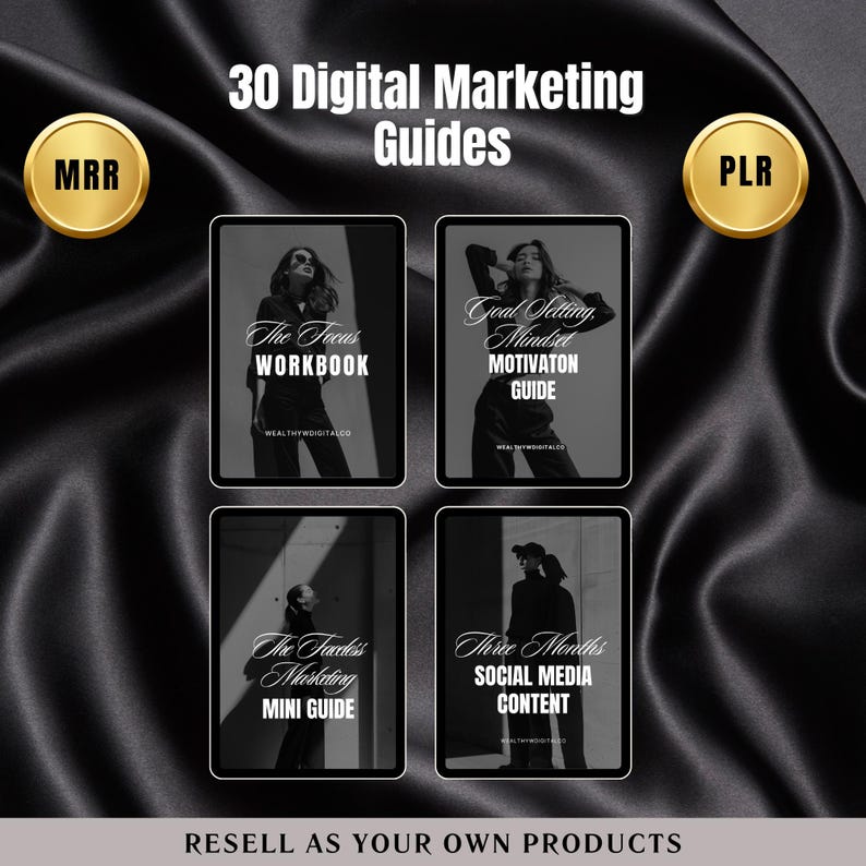 May include: A collage of four digital marketing guides featuring black and white images of people. The titles of the guides are "The Focus Workbook", "Goal Setting Mindset Motivation Guide", "The Flawless Marketing Mini Guide", and "Three Months Social Media Content".