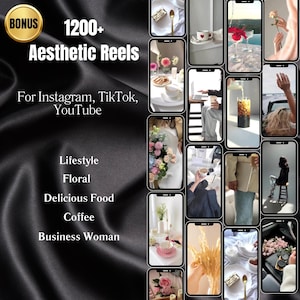 May include: A collage of 16 images showcasing various aesthetic reels for Instagram, TikTok, and YouTube. The images feature lifestyle, floral, delicious food, coffee, and business woman themes.