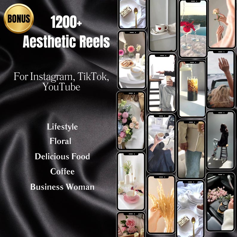 May include: A collage of 16 images showcasing various aesthetic reels for Instagram, TikTok, and YouTube. The images feature lifestyle, floral, delicious food, coffee, and business woman themes.