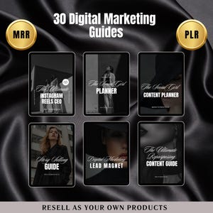 May include: A digital marketing product bundle with 30 guides for social media, content creation, and lead generation. The guides are displayed on a black background with gold accents and the text "MRR" and "PLR" in gold circles.