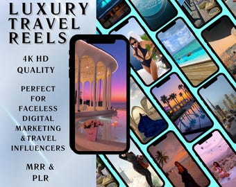 May include: A collage of 800 luxury travel reels in 4K HD quality, perfect for faceless digital marketing and travel influencers. The text "MRR & PLR" is also included.