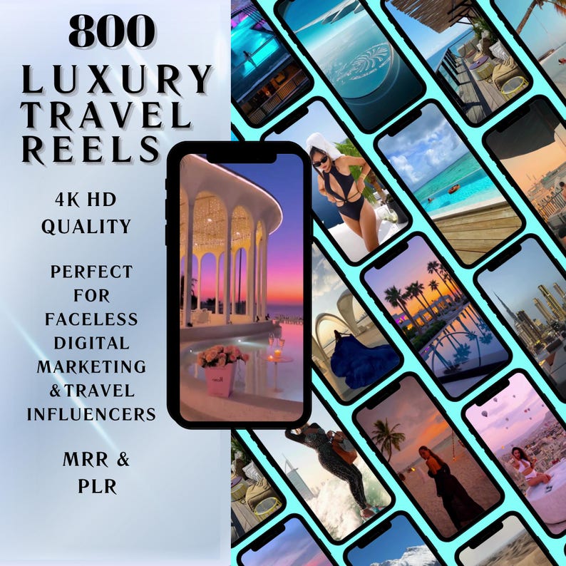 May include: A collage of 800 luxury travel reels in 4K HD quality, perfect for faceless digital marketing and travel influencers. The text "MRR & PLR" is also included.
