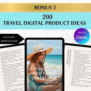 May include: A digital product bundle with over 200 travel-related ideas. The image features a woman using a laptop, wearing a sun hat. Text includes "Travel Digital Product Ideas" and "Instant Download."