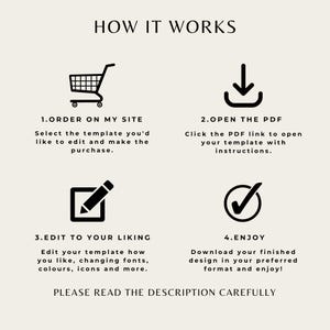 May include: A black and white illustration showing how to order, edit, and download a digital template. The steps are: 1. Order on my site, 2. Open the PDF, 3. Edit to your liking, and 4. Enjoy. The text "PLEASE READ THE DESCRIPTION CAREFULLY" is at the bottom of the image.