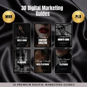 May include: A set of six digital marketing guides with black and white covers featuring images of women and text. The guides are titled "The Faceless Reels Guide", "Becoming a Content Creator", "The Faceless Instagram Growth Guide", "The Ultimate Goddess Girl Playbook", "The Sly Faceless Boss Playbook", and "The Digital Product Playbook".