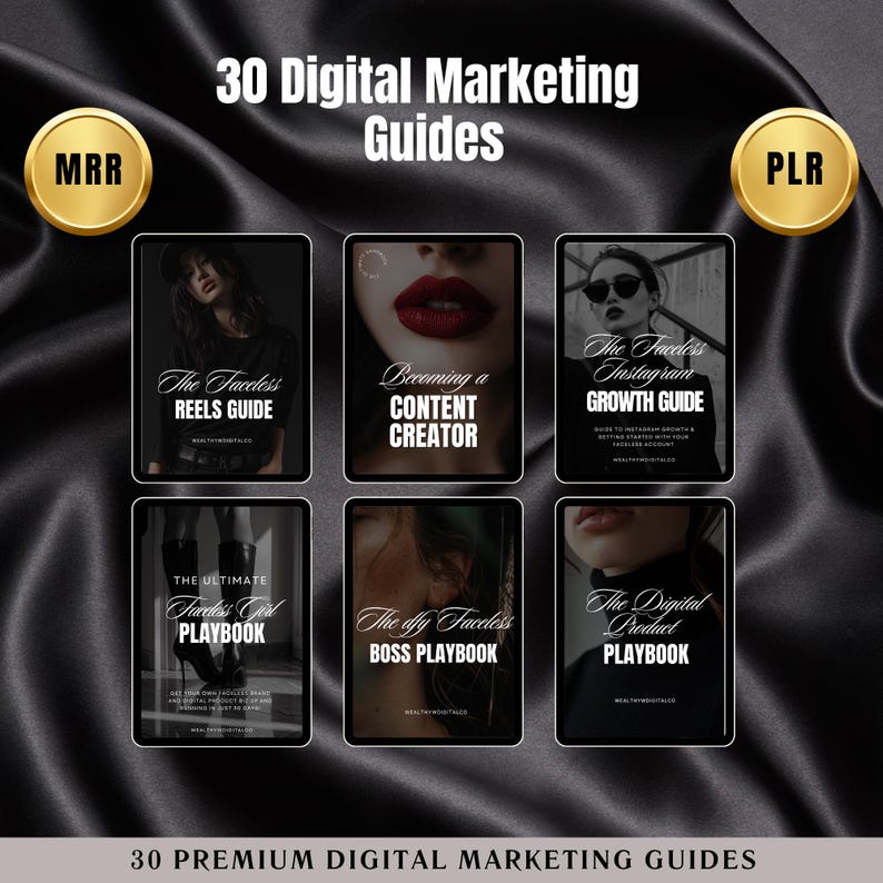 May include: A set of six digital marketing guides with black and white covers featuring images of women and text. The guides are titled "The Faceless Reels Guide", "Becoming a Content Creator", "The Faceless Instagram Growth Guide", "The Ultimate Goddess Girl Playbook", "The Sly Faceless Boss Playbook", and "The Digital Product Playbook".