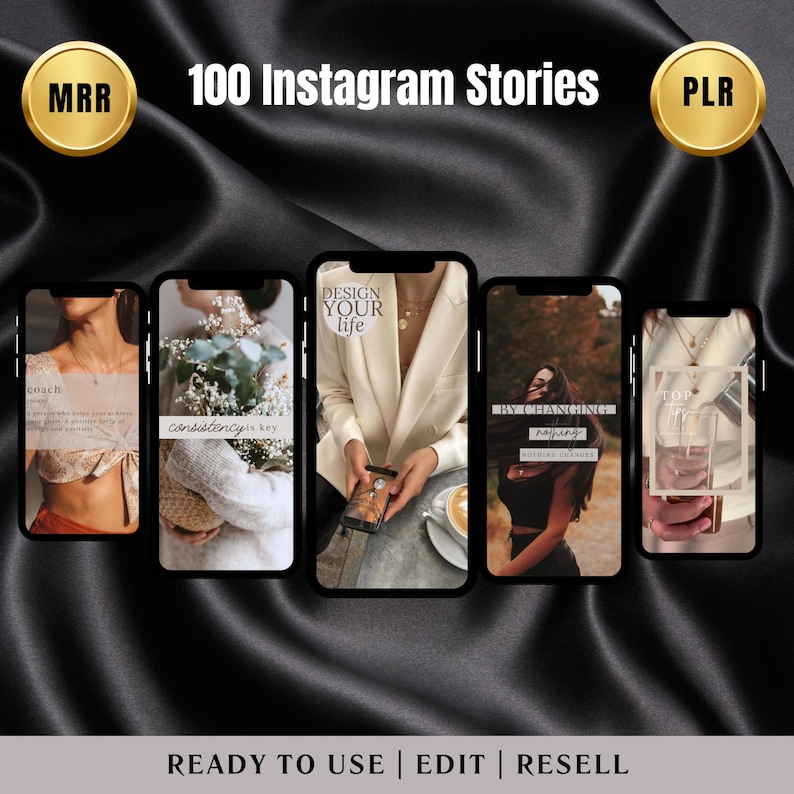 May include: A set of 100 Instagram story templates for social media marketing. The templates feature a variety of designs, including quotes, motivational messages, and lifestyle imagery. The templates are ready to use, edit, and resell.