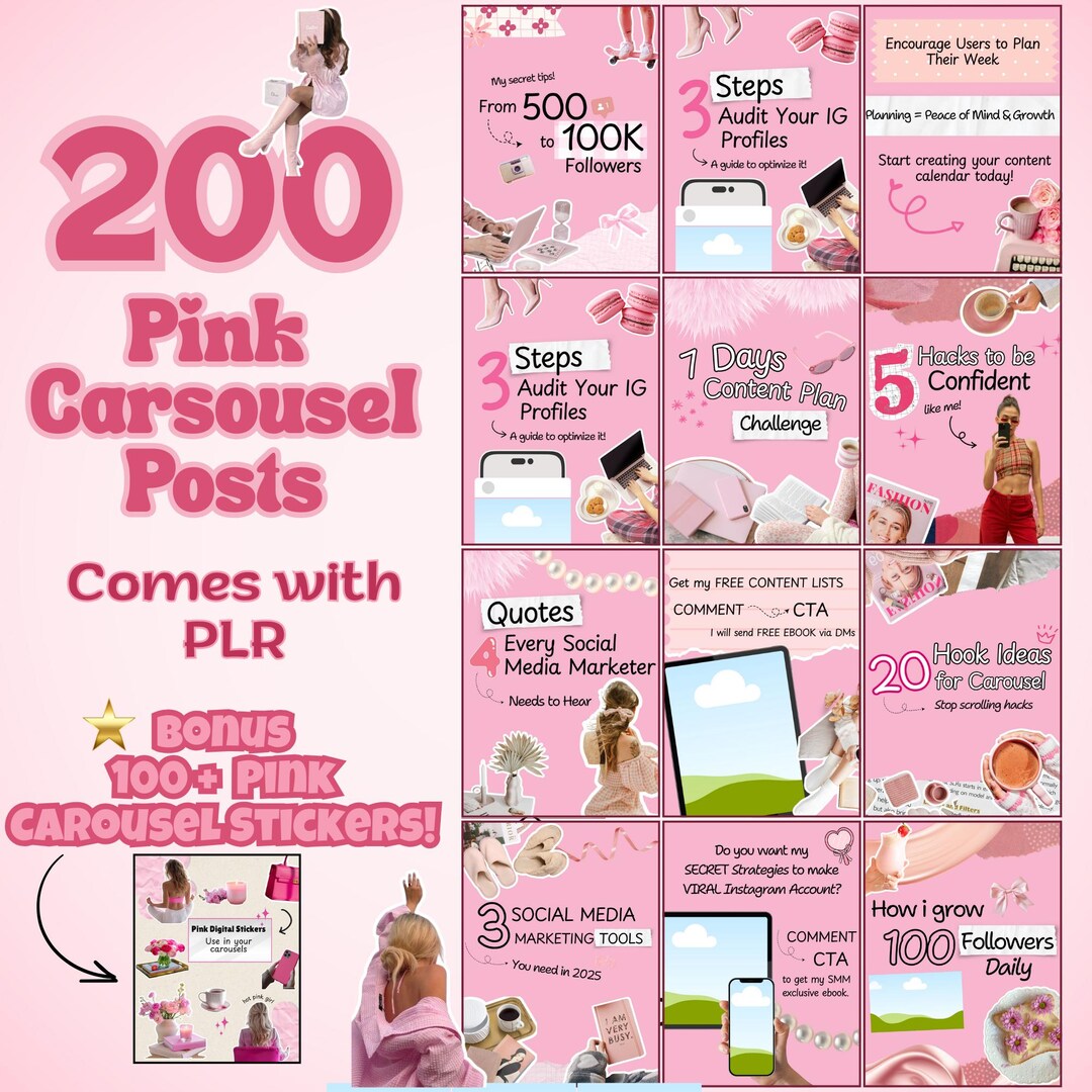 200 Pink Instagram Carousel Templates: Canva Editable (MRR & PLR) - Etsy