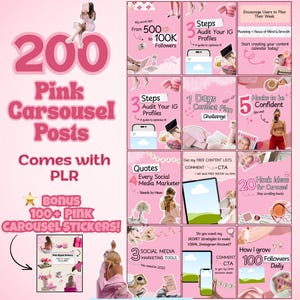 200 Pink Instagram Carousel Templates: Canva Editable (MRR & PLR)