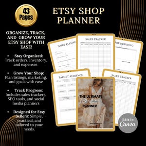 Może przedstawiać: Planer sklepu Etsy w złotym i czarnym kolorze. Planer zawiera strony do codziennego planowania, śledzenia sprzedaży i analizy grupy docelowej. Okładka przedstawia kobietę w sukience. Tekst: "43 Strony" i "Edytuj w Canva."