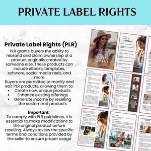 May include: Image promoting Private Label Rights (PLR) with text explaining PLR benefits. Includes a guide titled "Ultimate Guide Digital Nomad" with images of a woman. The text highlights the ability to rebrand and claim ownership of products.
