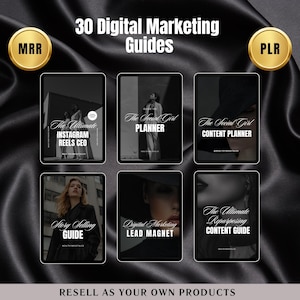 May include: A digital marketing product bundle with 30 guides for social media, content creation, and lead generation. The guides are displayed on a black background with gold accents and the text "MRR" and "PLR" in gold circles.