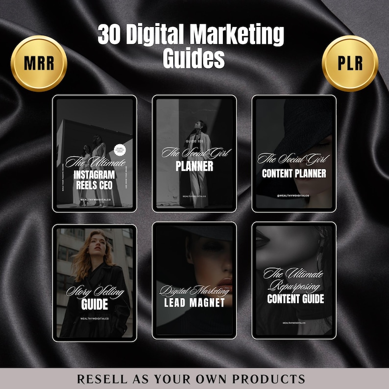 May include: A digital marketing product bundle with 30 guides for social media, content creation, and lead generation. The guides are displayed on a black background with gold accents and the text "MRR" and "PLR" in gold circles.