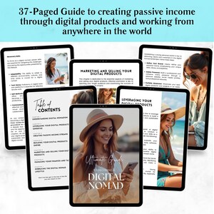 May include: A guide titled "37-Paged Guide to creating passive income through digital products and working from anywhere in the world." The guide is displayed on multiple tablets, with the cover reading "Ultimate Guide to Becoming a Digital Nomad."