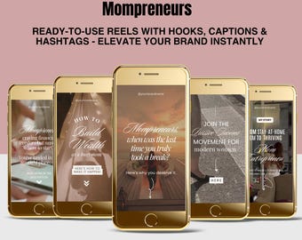 Könnte beinhalten: Fünf goldene Smartphones zeigen Social-Media-Reels mit Textüberlagerungen. Die Reels bieten Inhalte für Mütter, die Unternehmerinnen sind, einschließlich Hooks, Bildunterschriften und Hashtags. Das Bild enthält den Text "125 vorgefertigte Faceless Reels für Mompreneurs."
