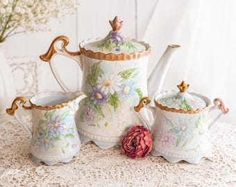 Hand Painted Floral Tea Set, Signed EShedor Porcelain Teapot Creamer Sugar Bowl, Cottagecore Tea Party Decor, Romantic China Display Set