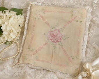 Antique Ring Bearer Pillow, Embroidered Pink Rose, Lace Trim, Heirloom Textile