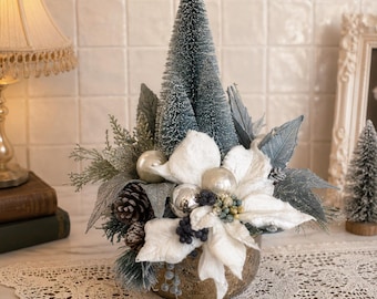 Vintage Silverplate Centerpiece | Blue Bottle Brush Trees, White Poinsettia Holiday Decor