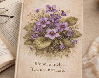 Cuaderno de tapa dura con diseño de ramo floral violeta / Cuaderno inspirador "Florece lentamente"
