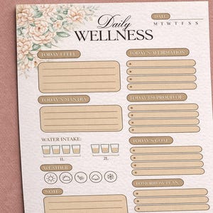 May include: A Daily Wellness planner with floral accents. The page includes sections for daily affirmations, goals, and water intake. The top of the page has the text "Daily Wellness" and the days of the week.