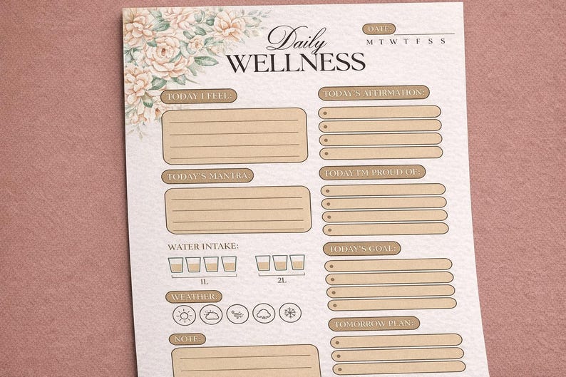 May include: A Daily Wellness planner with floral accents. The page includes sections for daily affirmations, goals, and water intake. The top of the page has the text "Daily Wellness" and the days of the week.