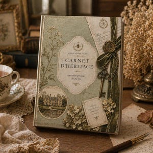 May include: A vintage-style journal with the text "Carnet D'Héritage" on the cover. The journal is light green with floral and architectural illustrations, and is adorned with a key and a velvet ribbon. A teacup and saucer are in the foreground.