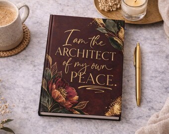 Soy el arquitecto de mi propia paz. Cuaderno con tipografía floral dorada e inspirador.