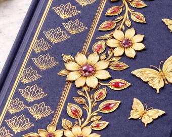 Cuaderno floral para mujer / Cuaderno azul marino y dorado / Reflexión estética
