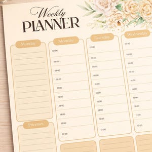 May include: A weekly planner with a floral design. The planner has sections for each day of the week, with time slots from 7:00 AM to 5:00 PM. The top of the planner reads "Weekly Planner."