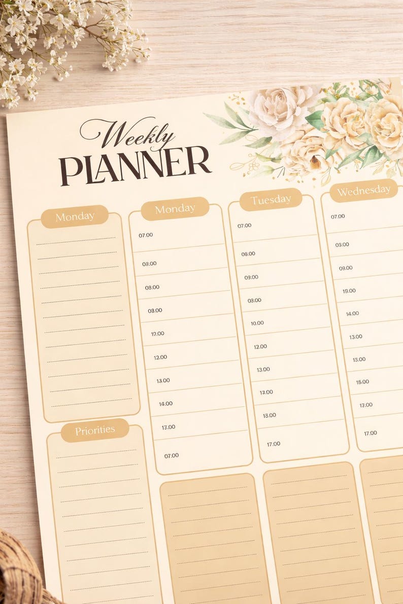May include: A weekly planner with a floral design. The planner has sections for each day of the week, with time slots from 7:00 AM to 5:00 PM. The top of the planner reads "Weekly Planner."