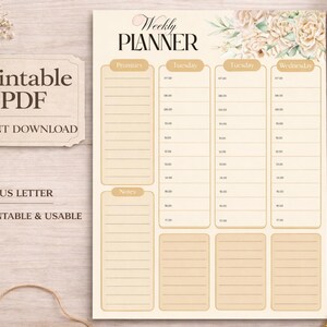 May include: A printable PDF weekly planner with floral accents. The planner includes sections for priorities, notes, and daily schedules. The text "Printable PDF" and "Instant Download" are visible. The planner is A4 and US Letter size.