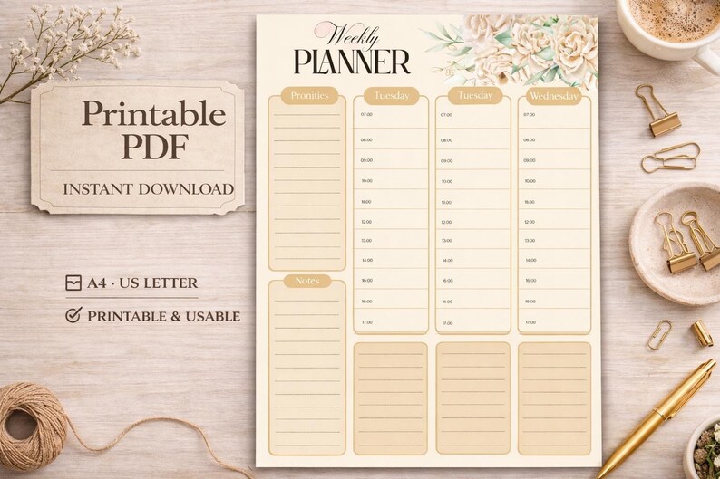 May include: A printable PDF weekly planner with floral accents. The planner includes sections for priorities, notes, and daily schedules. The text "Printable PDF" and "Instant Download" are visible. The planner is A4 and US Letter size.