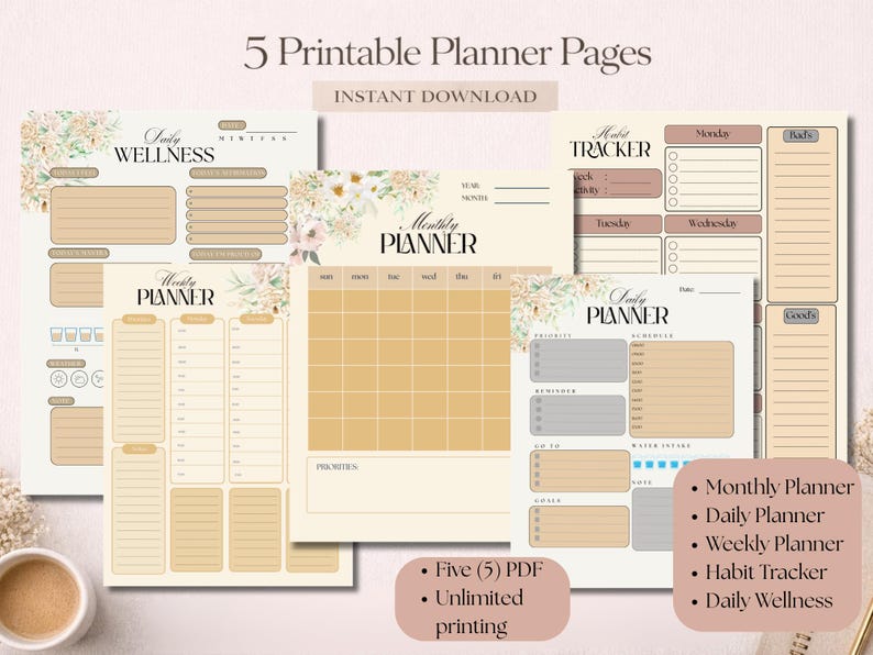 May include: Five printable planner pages with floral accents. Includes a monthly planner, daily planner, weekly planner, habit tracker, and daily wellness pages. The text "INSTANT DOWNLOAD" is displayed at the top.