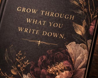 Diario decorativo, cuaderno de tapa dura oscura con estampado floral, diseño vintage, escritura consciente, gratitud, regalo reflexivo,