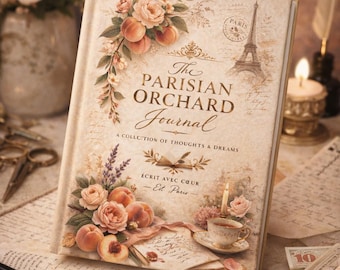 Cuaderno de tapa dura, libreta floral parisina con motivo de rosas color melocotón, escritura de viajes vintage, gratitud romántica diaria.