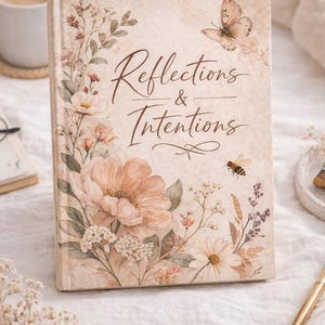 Puede incluir: Un diario titulado "Reflections & Intentions" con ilustraciones florales y de mariposas. La portada presenta una estética vintage con un fondo beige y delicadas flores estilo acuarela en tonos melocotón y crema. También se ve una abeja.