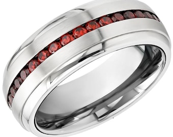 Rubin volframring, silverfärg, årsdagsring, förlovningsring, volframkarbidring, vigselring för män, årsdagsring, kupolformad ring