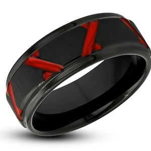 Red Tungsten Wedding Ring,Black Wedding Band,Men&#39;s Red Ring,Women&#39;s Wedding Ring,Anniversary Band,Engagement Ring,Tungsten Carbide Ring