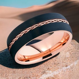 Rose Gold Braid Wedding Ring,Black Tungsten Ring,Man&#39;s Wedding Band,Unique Wedding Ring,8mm,6mm,Comfort Fit Ring,Brush Wedding Ring,Unique