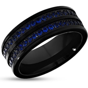 Blue Sapphire Wedding Ring,CZ Wedding Band,Black Tungsten Ring,Tungsten Carbide,Engagement,Anniversary,Comfort Fit,Man & Woman,Unique Ring