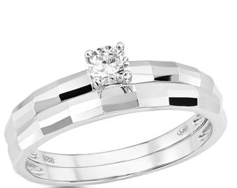 Solitaire Wedding Ring,CZ Diamond Ring,Anniversary,Engagement,925 Sterling Silver,Women's Wedding Ring,Fitting Band,Diamond Cut Design