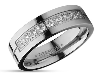 Titanium Wedding Ring,Silver Titanium Ring,6mm Wedding Ring,Unique Titanium Ring,CZ Diamond Ring,Shiny Titanium,Man or Woman,Comfort Fit