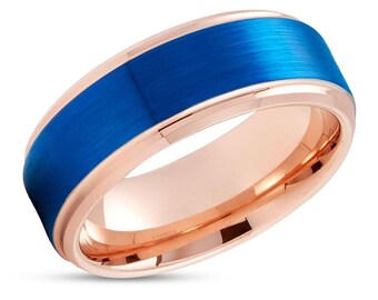 Blue Tungsten Ring: Rose Gold, Beveled Edge Comfort Fit